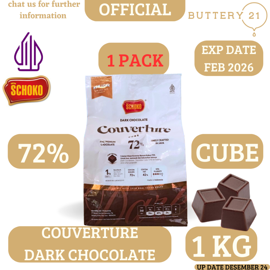 

SCHOKO DARK CHOCOLATE COUVERTURE 72% CUBE 1 KG/COKELAT HITAM KUBUS/COKELAT KUBIK