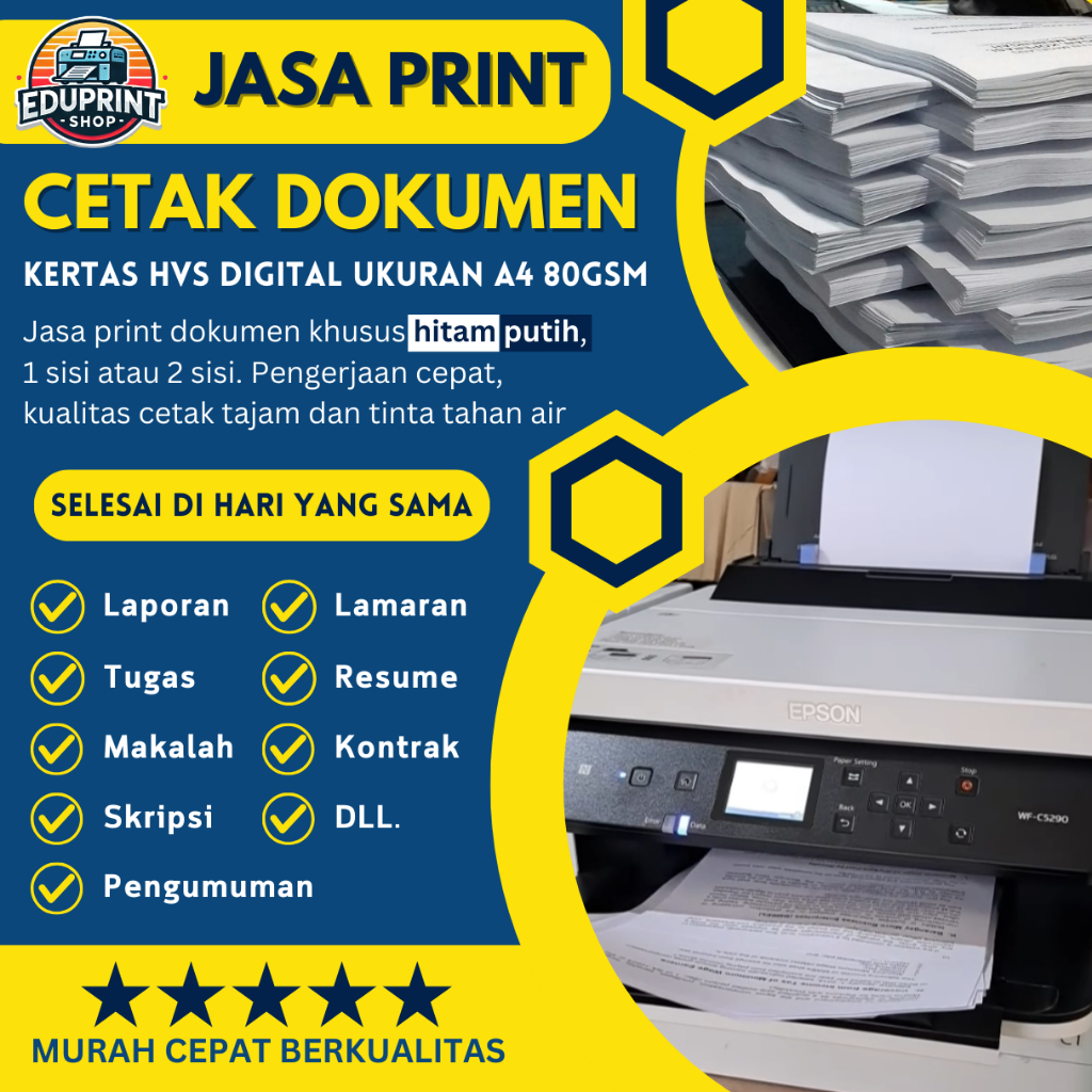 

Print A4 80 GSM Hitam Putih Cepat Murah Cetak Dokumen Laporan Tugas Skripsi Latihan Soal EduPrint