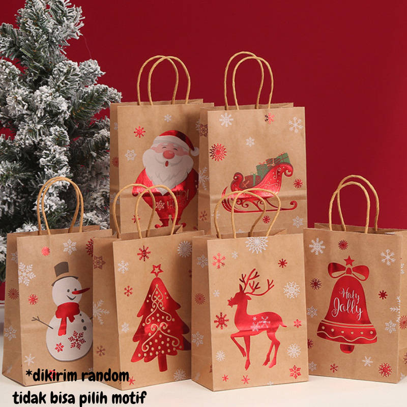 

Paper Bag Natal Kraft Paper Motif Retro /Tas Hampers Natal / Goodie Bag Christmas
