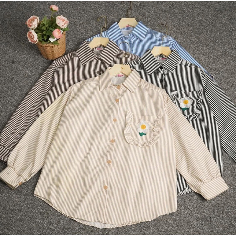 Baju Stripe Bordir Bunga