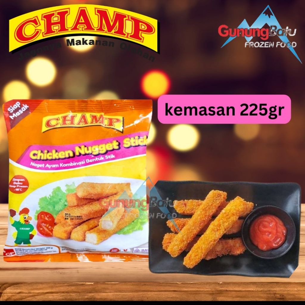 

CHAMP CHICKEN NUGGET STICK 225 GRAM NAGET AYAM