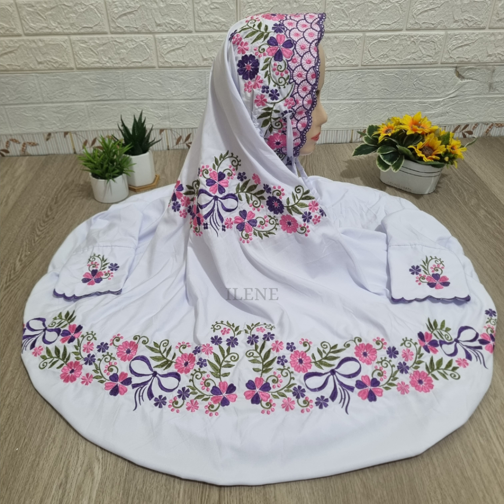 Mukena Terusan Wanita Bordir Putih Bahan Adem