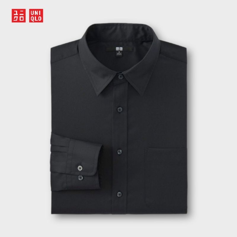 Uniqlo Kemeja Pria Hitam Polos Lengan Panjang Slim-Fit