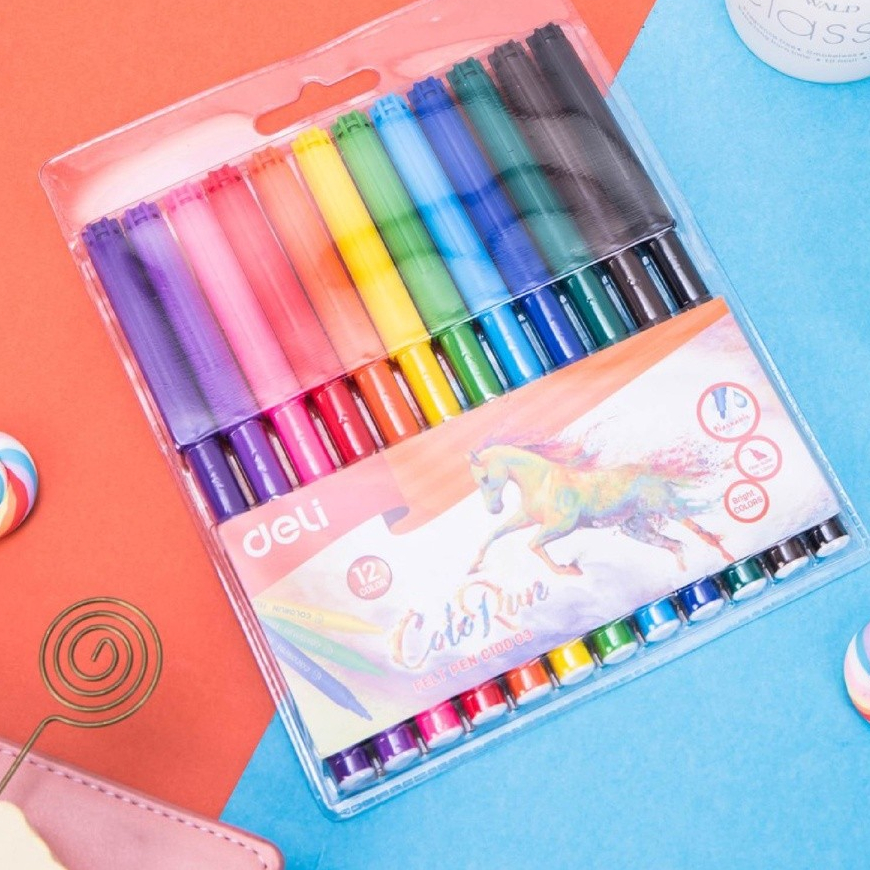 

Deli EC10003 Spidol Warna - Felt Pen dapat dicuci 1.0mm 12 Warna