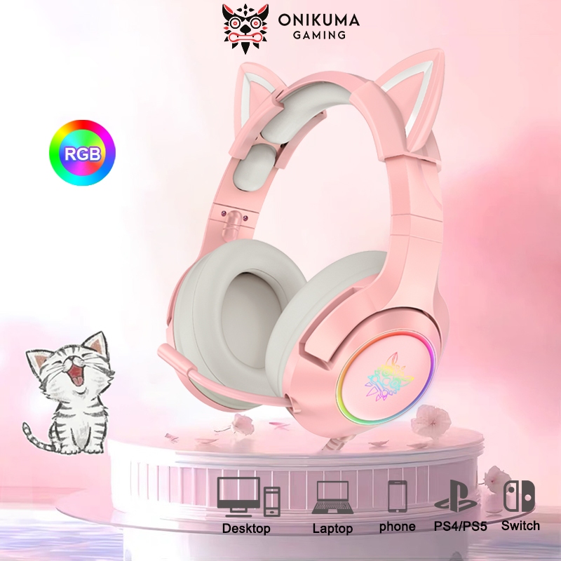 Headphone Gaming Wired Cat Ear Onikuma K9 Retractable Microphone Dan Lampu RGB