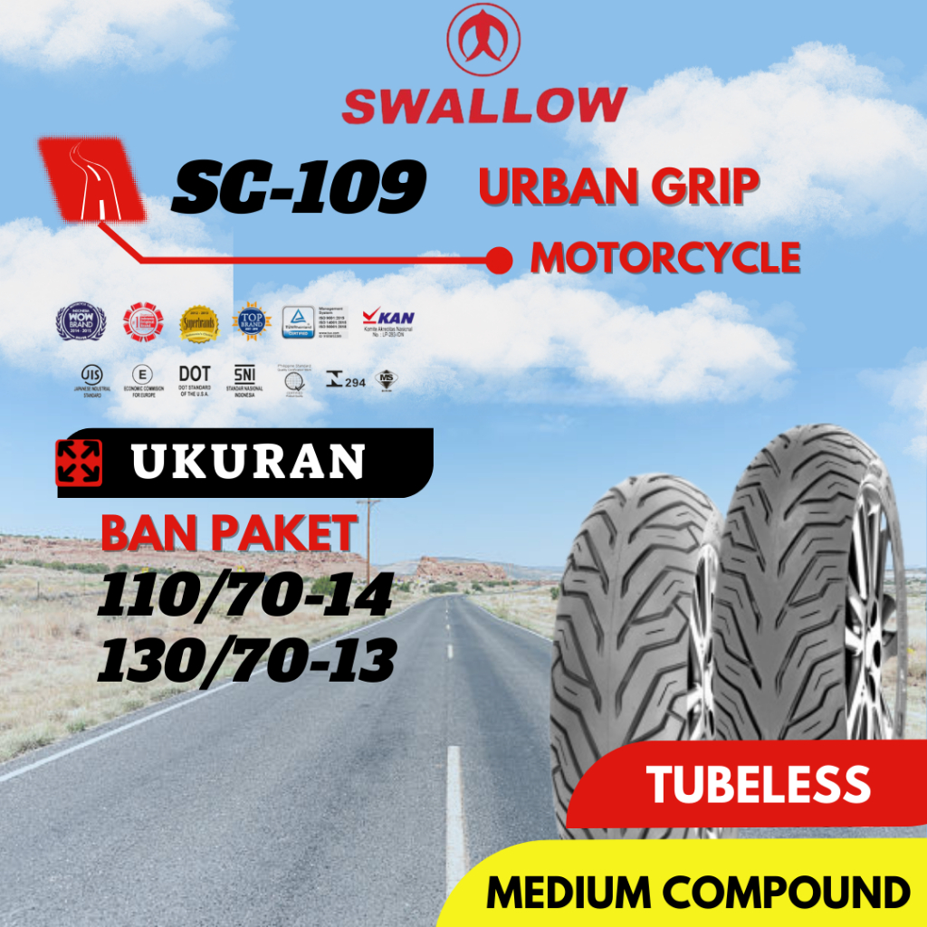 PAKET BAN LUAR SEPEDA MOTOR SWALLOW SC-109 URBAN GRIP 110/70-14 & 130/70-13 RING 13&14 TUBELESS PCX 