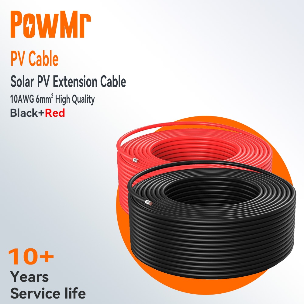 PowMr 6mm² 10AWG kabel ekstensi surya kabel fotovoltaik tembaga kaleng hitam + merah untuk pengontro
