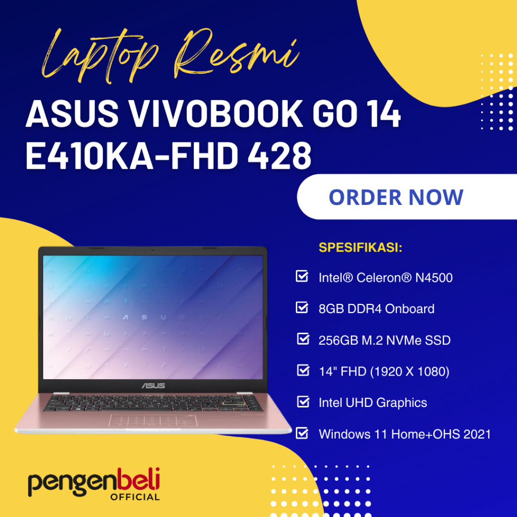 Laptop Resmi Warna Pink / Asus Vivobook Go 14 E410KA-FHD 428 / Intel Celeron N4500 / Ram 8gb / SSD 2