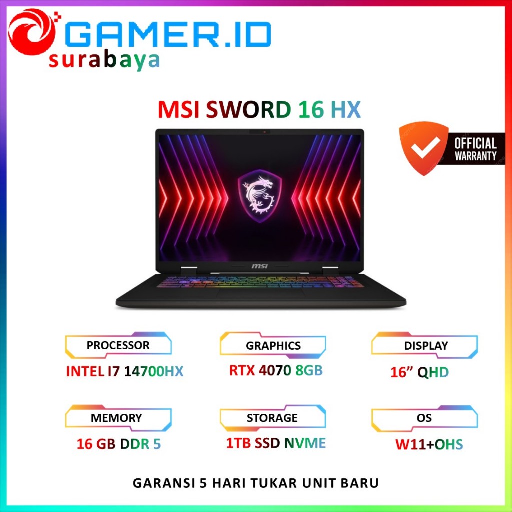 LAPTOP MSI SWORD 16 HX I7 14700HX RTX4070 8GB - 16GB 1TB 16.0QHD+ 240HZ