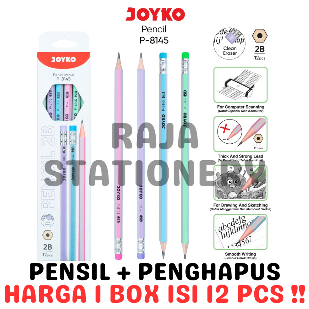 

JOYKO PENCIL 2B PENSIL + PENGHAPUS KAYU JOYKO 2B ANAK UJIAN BOX LUSIN P-8145 [12PCS]