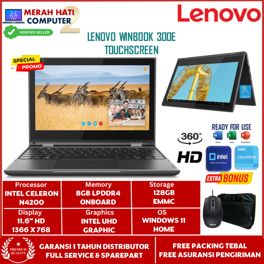 Laptop Touchscreen Flip 2in1 Lenovo Winbook 300E Intel N4200 Ram 8GB 128GB Emmc 11 Inch Windows 11 H