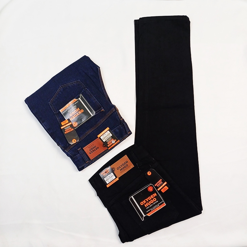 Celana Panjang Standar Pria Dewasa Bahan Jeans Denim Warna Hitam - Oxygen Hugo Original