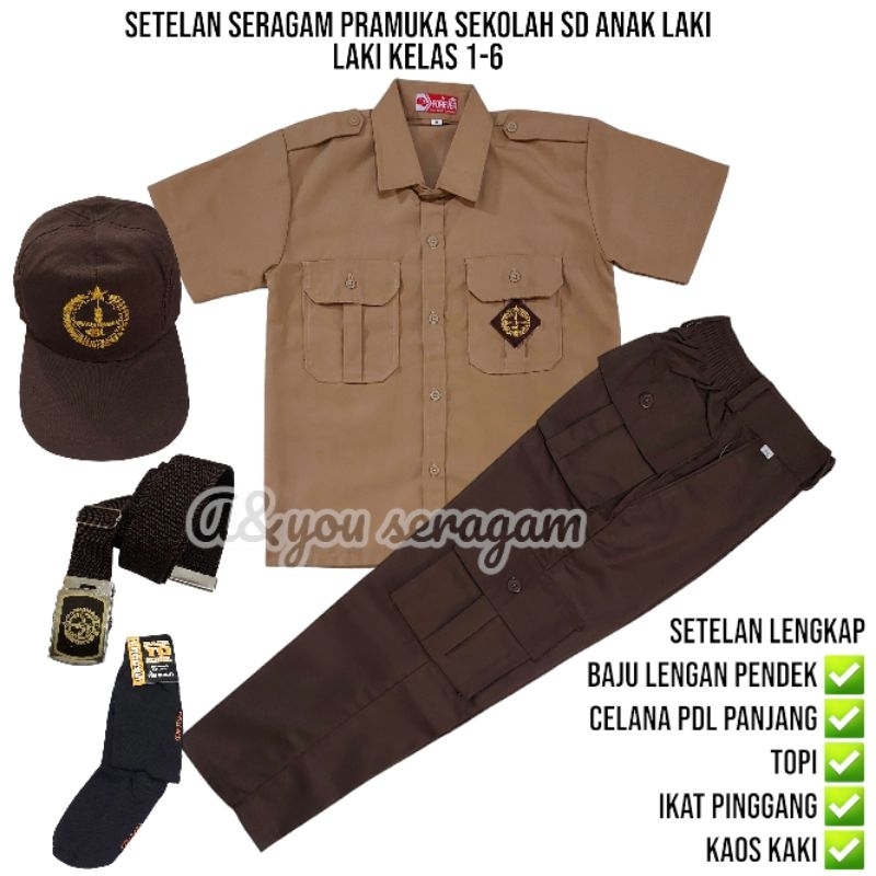setelan seragam pramuka SD anak laki laki baju lengan pendek celana PDL