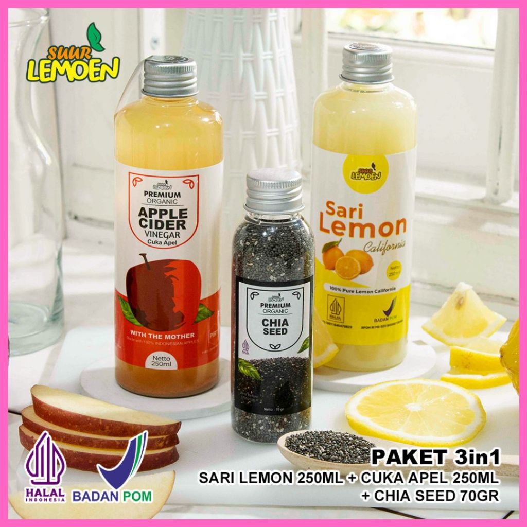 

Suur lemoen Paket Diet Cuka Apel 3 In 1 Cuka Apel 250 ML Sari Lemon Chia Seed