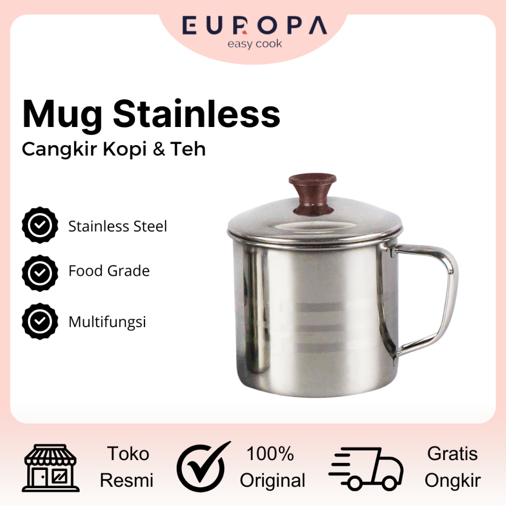 Cangkir Stainless Gelas Stainless Mug Stainless + Tutup Gelas Tutup Stainless 9cm 11cm 12cm EUROPA