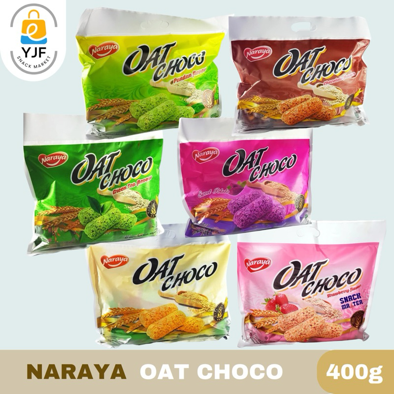 

Naraya Oat Choco Snack Gandum Sereal Coklat / Original / Sweet Potato/ Coklat / Strawberry / matcha / Pandan - 400 gr Isi 40 pcs x @10gr