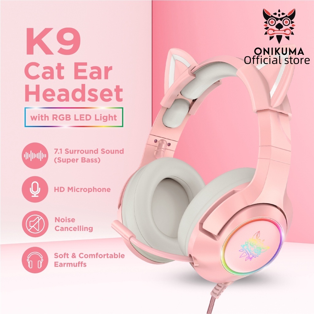 Onikuma K9 pink Rgb Baru Warna Pink Telinga Kucing Lucu Headset Gaming RGB Cat Ear Headphone Mic Kua