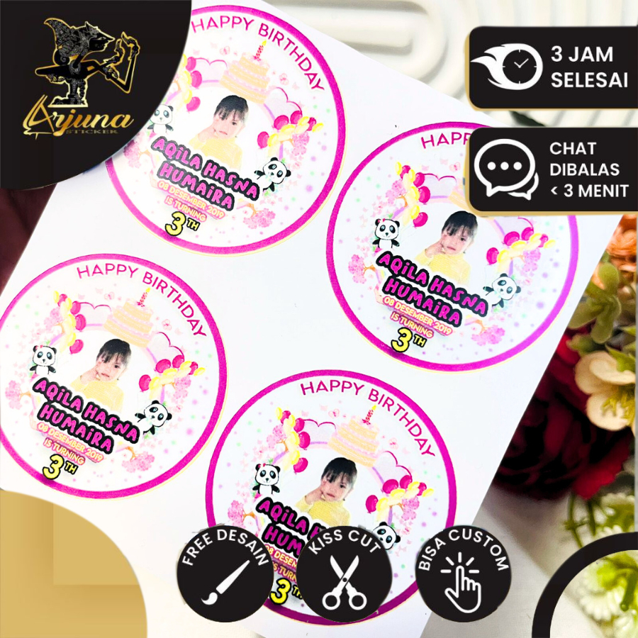 

5-8 Arjuna Stiker Vinyl Ulang Tahun Anak Sticker Label Undangan Happy Birthday Uk.Sedang Bandung