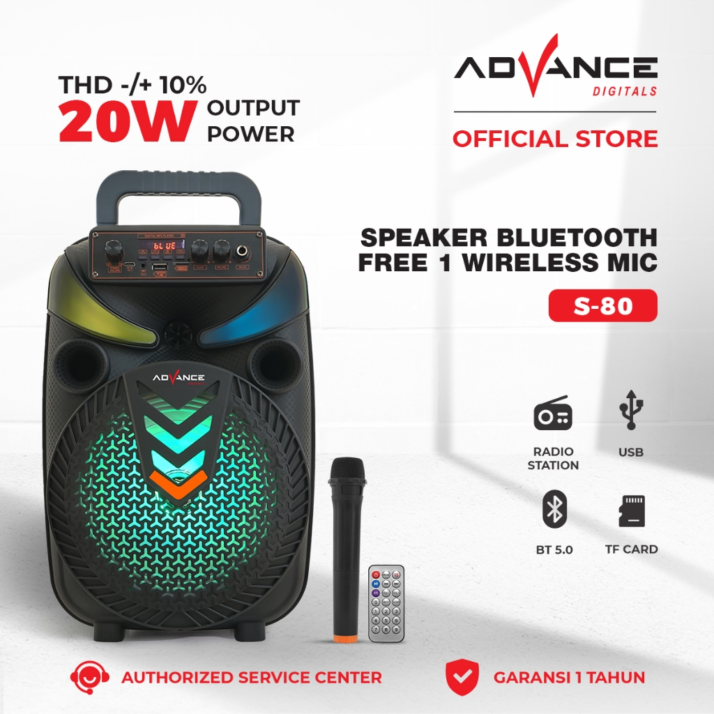Advance S80 Speaker Portable Bluetooth FREE 1 Microphone Wireless Exrta Power Sound Garansi 1 Tahun