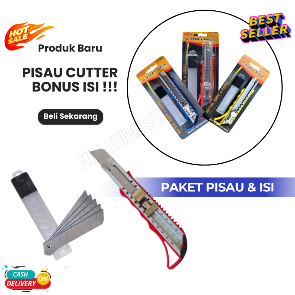 

1 Set Pisau Bonus Isi/ Cutter / Pisau cutter + Refill isi 3 pcs / Cutter knife / Scissors / Cutter Es-1887 /pisau cutter stainless Multifungsi