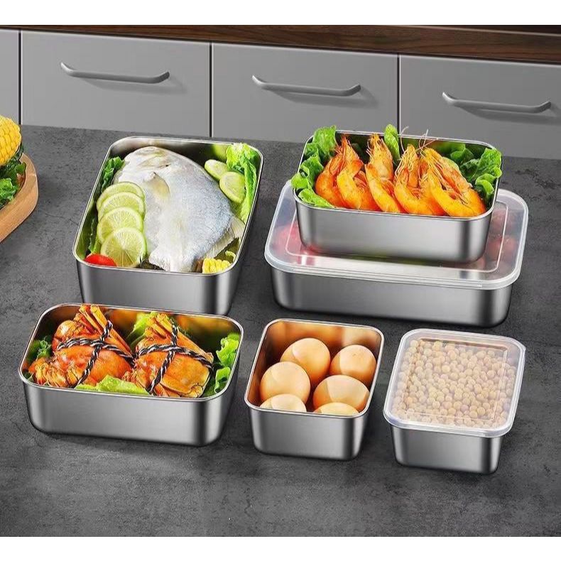 Bakindo Tempat Wadah Makanan Stainless steel Sama tutup Plastik Kontainer Makanan Sayuran Food Box S