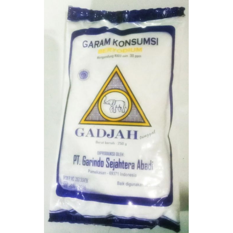 

Garam Cap Gadjah Tunggal, Sehat, Bersih, Beryodium, dan Berkualitas Nasional. 250 gram Rp. 4000,-
