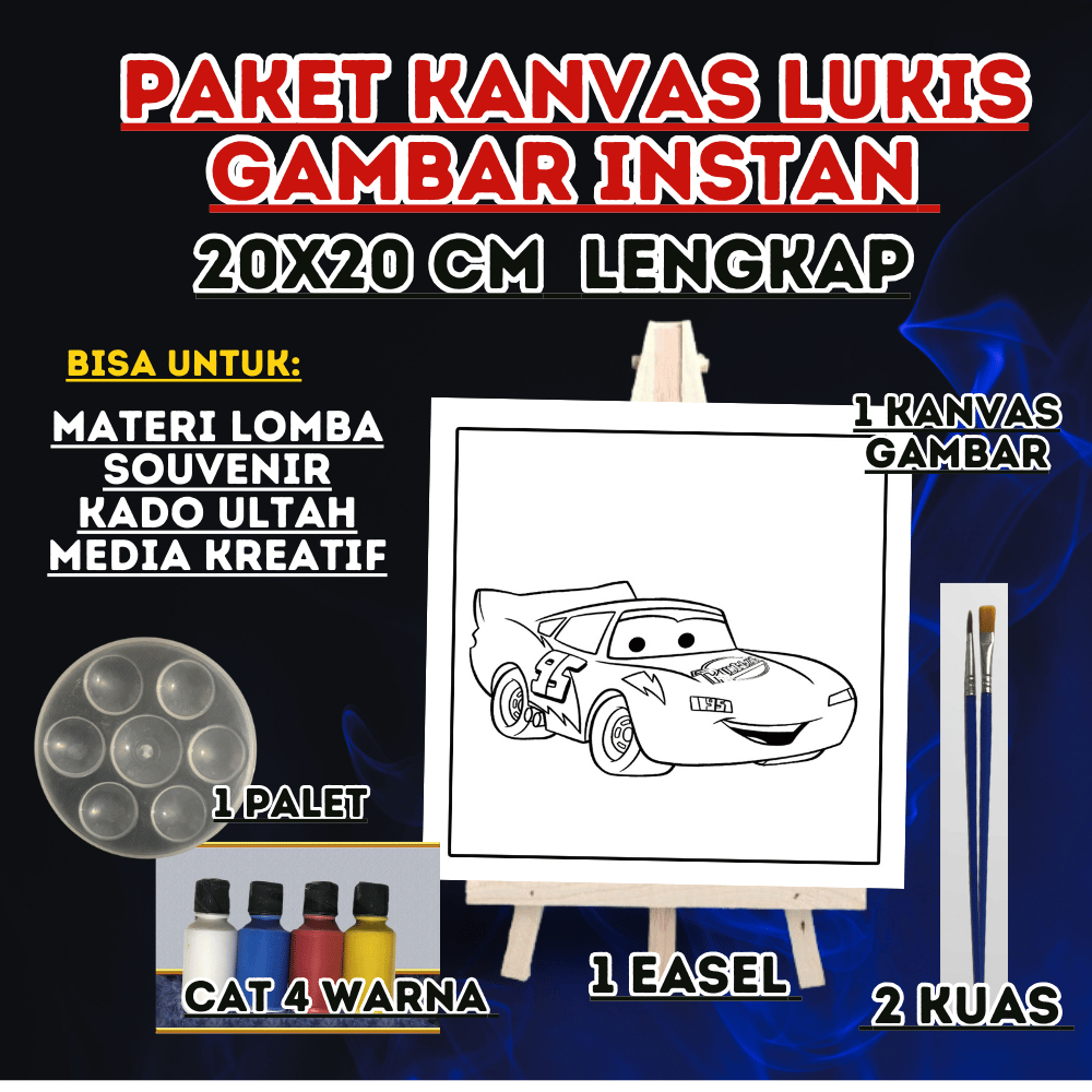 

Paket Kanvas Lukis instan 20x20 cm gambar lengkap cat, kuas, palet, dan easel