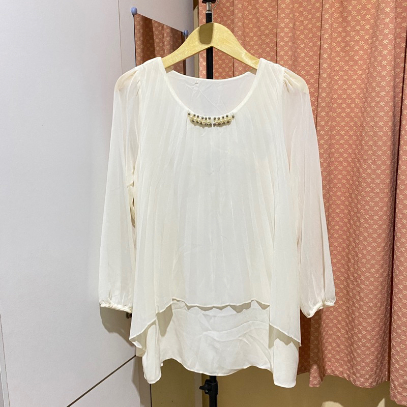 Blouse Payet plisket mutiara putih korean style baju atasan top wanita murah