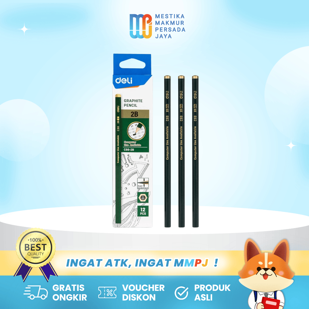 

Deli Graphite Pencil / Pensil 2B 1 Pack Isi 12 Pcs Untuk Ujian Lolos Scan Komputer EC88-2B