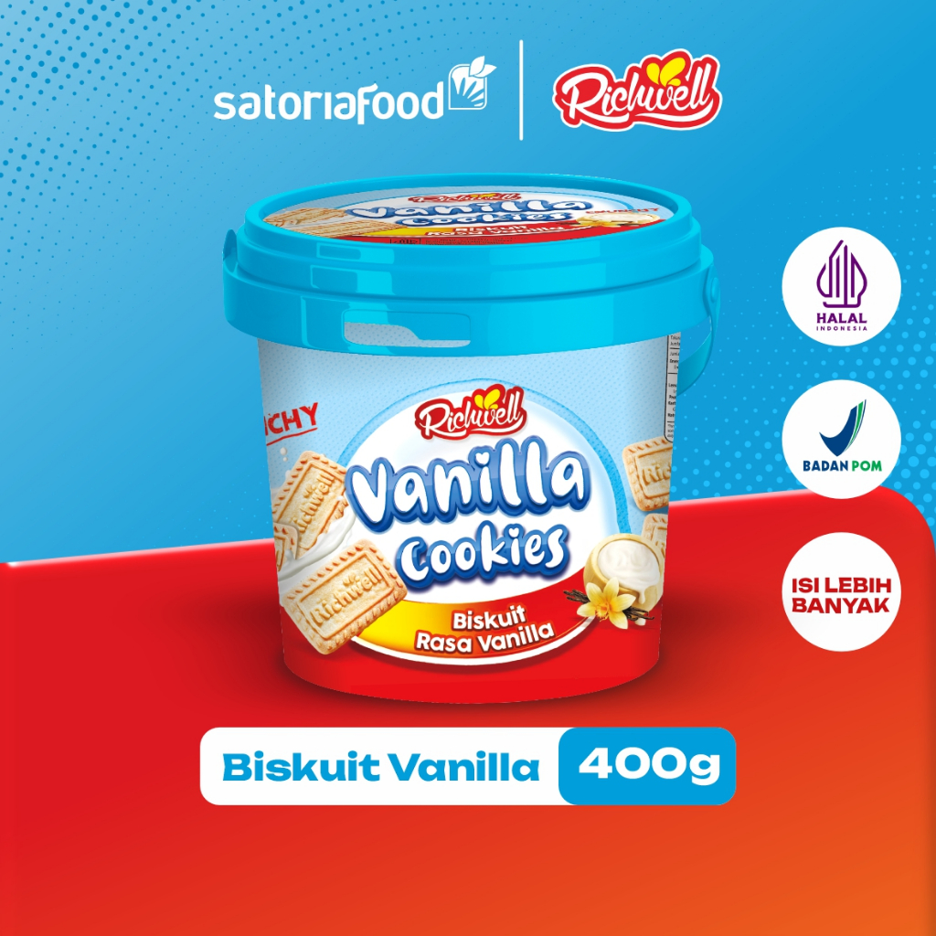 

Richwell Biscuit Cookies Vanila Bucket 400g | Cemilan Snack Biskuit Kukis Coklat kemasan Bucket/ Timba