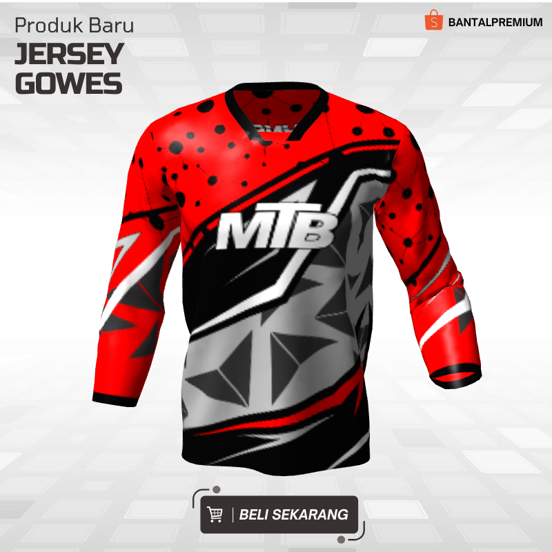 Jersey Gowes Sepeda Downhill Merah Hitam Abu Motif Abstrak 45- Jersey Custom Lengan Panjang