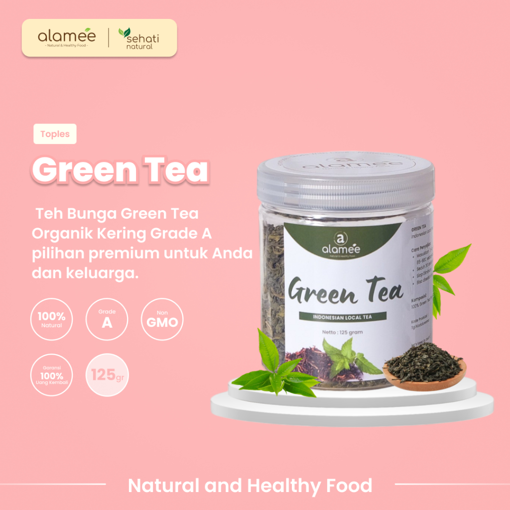 

ALAMEE Teh Hijau Green Tea Organic Kering Organik Greentea Minuman Herbal Siap Seduh Minum 125gr