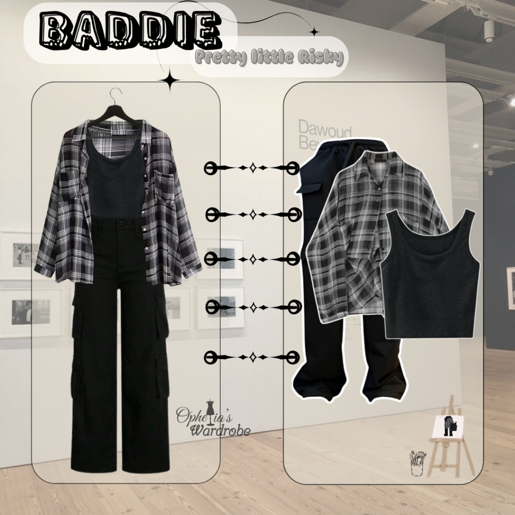 Ootd Korean Style Setelan Baju Tomboy Wanita Kekinian - Kemeja Kotak + Celana Cargo Hitam |RD0030|