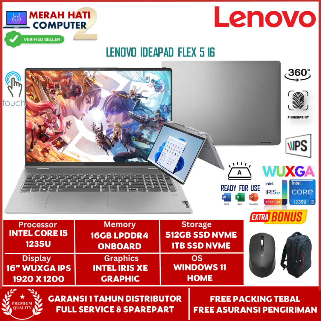 Laptop 2in1 Flip Touchscreen Lenovo Ideapad Flex 5 16 Intel i5 1235U Ram 16GB 1TB Ssd Iris Graphic 1