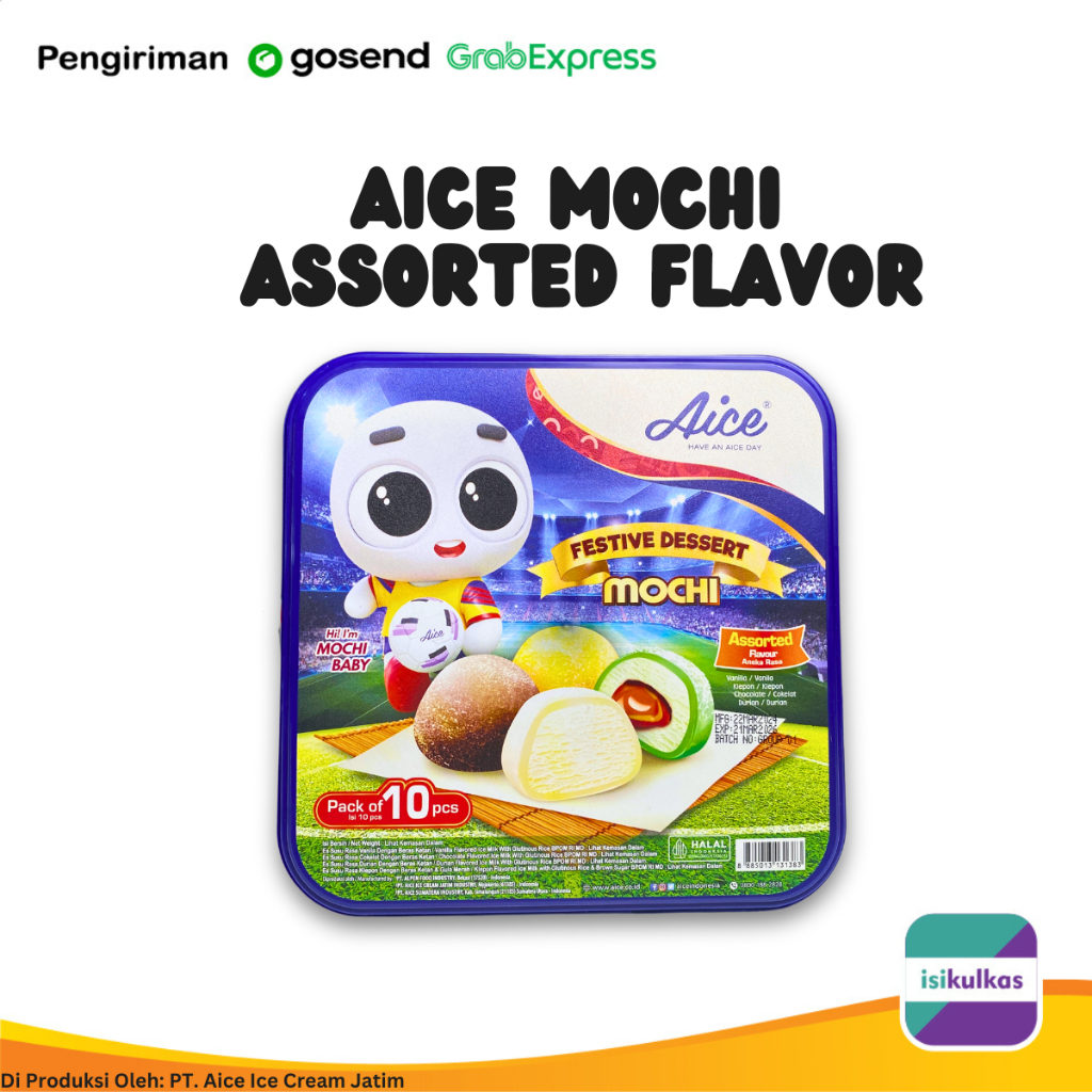 

AICE Assorted Mochi - 1 pack isi 10pcs Mochi rasa Vanilla, Cokelat, Klepon, Durian