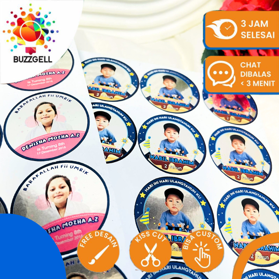 

5-8 Stiker Buzzgell Gold / Silver Ulang Tahun Anak Sticker Label Undangan Happy Birthday Uk.Sedang