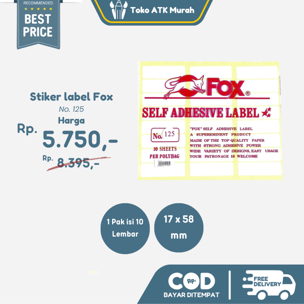 

Kertas / Label Stiker Fox No. 125 uk. 17 x 58 mm (Persegi Panjang)