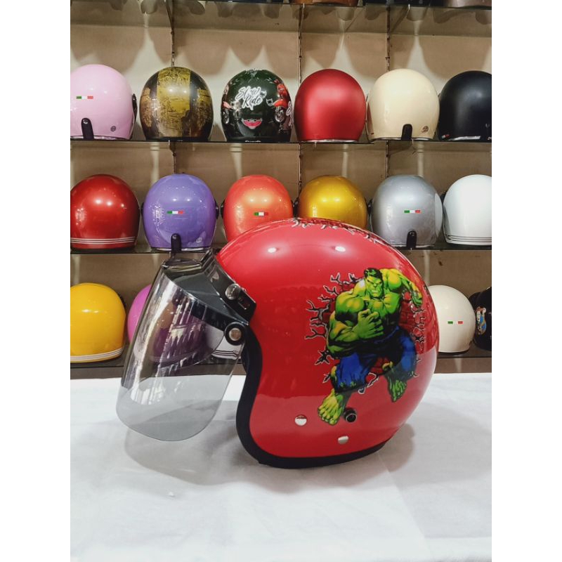 Carkids Helm Bogo Anak Karakter Avengers Hulk Warna Merah Glossy Berlabel SNI Bisa COD Free Packing 