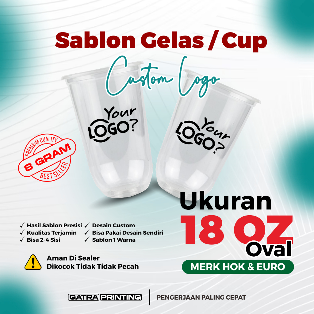 Sablon Custom CUP Plastik Ukuran 18 Oz OVAL Merk EURO dan HOK 3 hari kirim / gelas cup sablon / gela