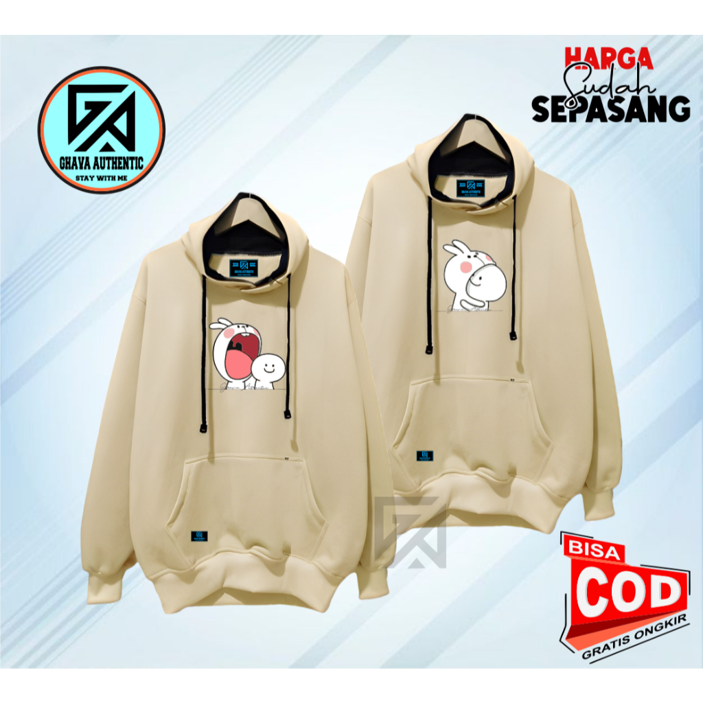 Ghava Hoodie Sweater Couple Pasangan Pria Wanita Motif Kokop Lucu Bahan Katun Adem Warna Cream