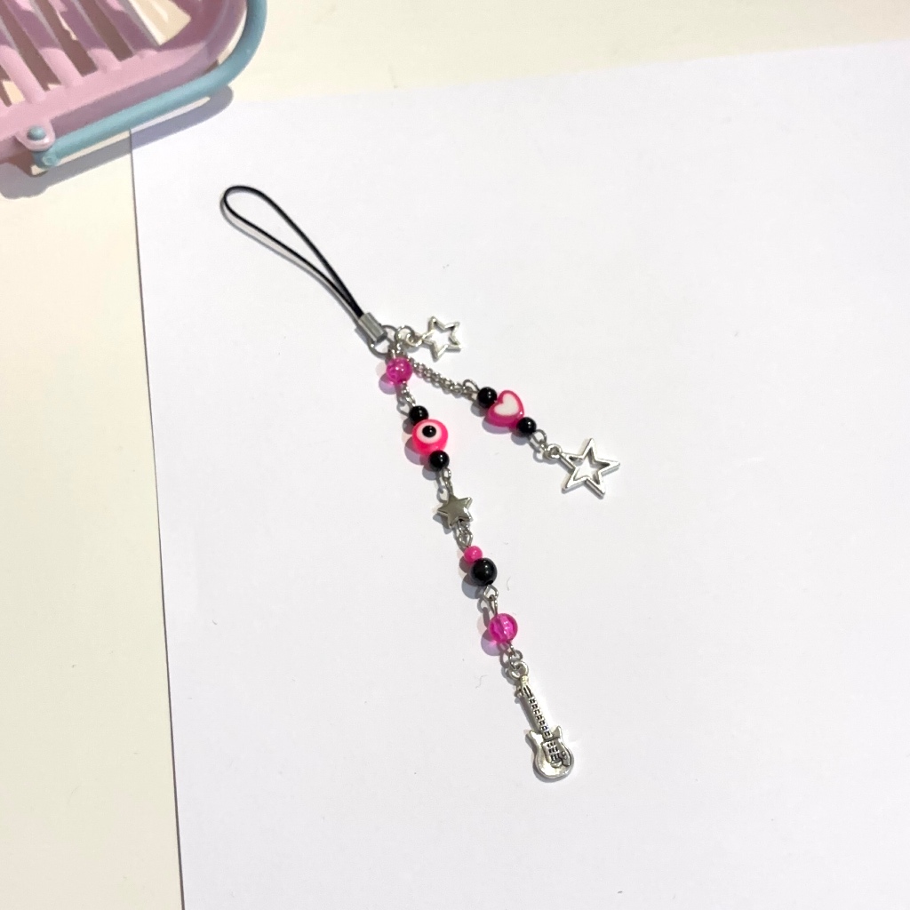 Rockstar Pink Keychain / Aksesoris Gantungan HP Pink Star & Guitar Charm Lucu | bythefly,id