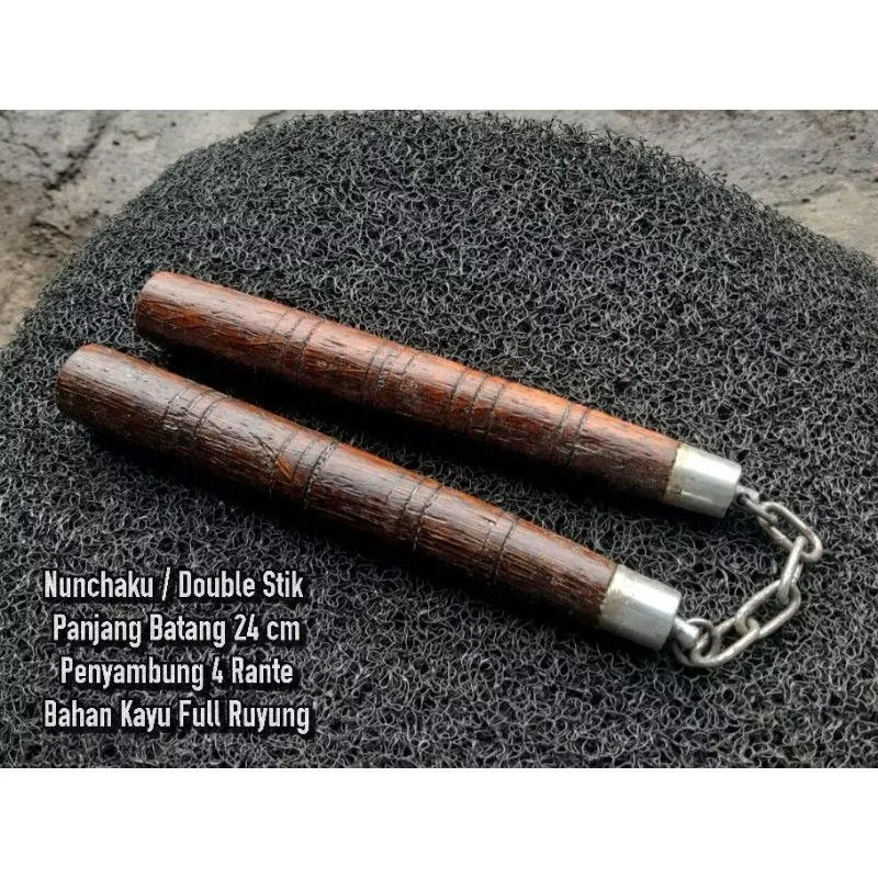 Nunchaku / Double Stik Panjang Batang 24 cm Penyambung 4 Rante Bahan Kayu Full Ruyung