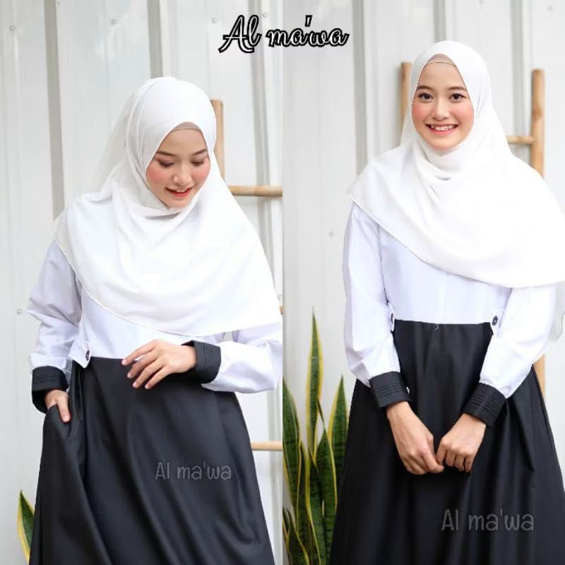 gamis hitam putih AL ma'wa /gamis hitam putih toyobo/ gamis hitam putih kerja kantor