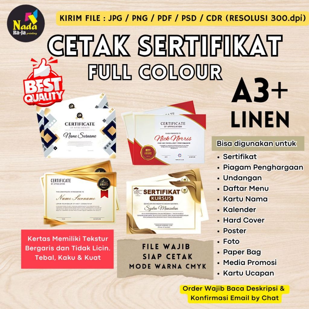 

Cetak Kartu Undangan, Sertifikat, Piagam, Daftar Menu | Bahan Linen A3+ Berkualitas | Harga Murah