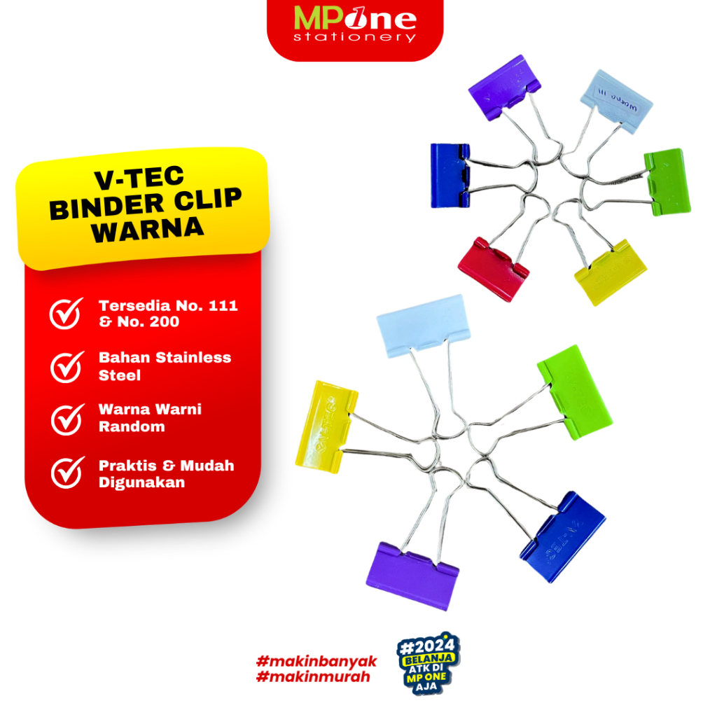 

(2 PCS) V-Tec Binder Clip Warna Warni No. 111 & No. 200 / Penjepit Kertas Warna V-TEC (Isi 2 Biji)