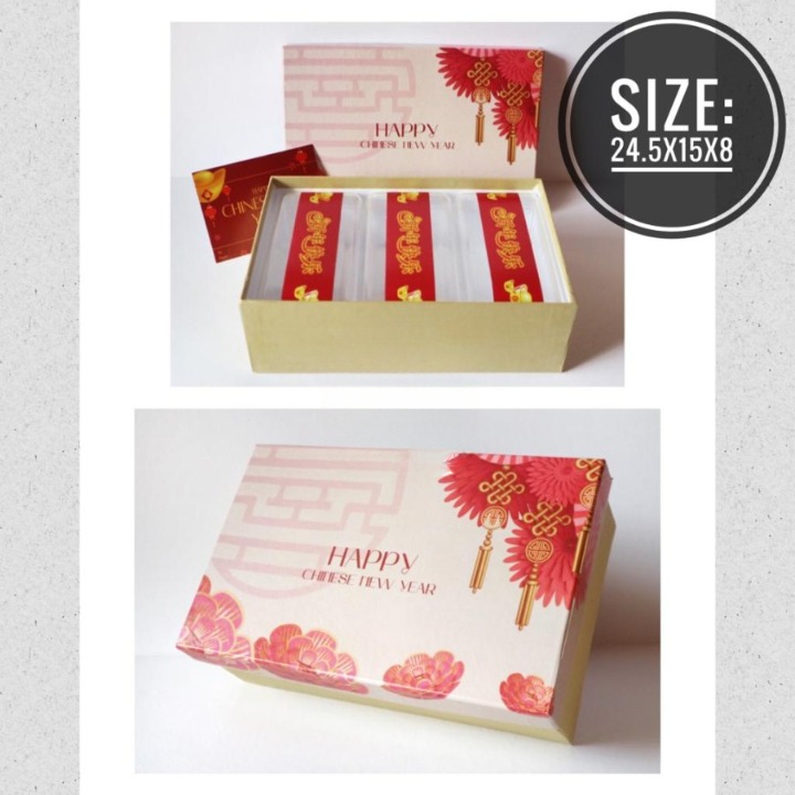 

Kotak Kue Hard Box Fancy Import Embbosed Paper Hampers Edisi Imlek Hand Made Ukuran 24.5 x 15 x 8 cm