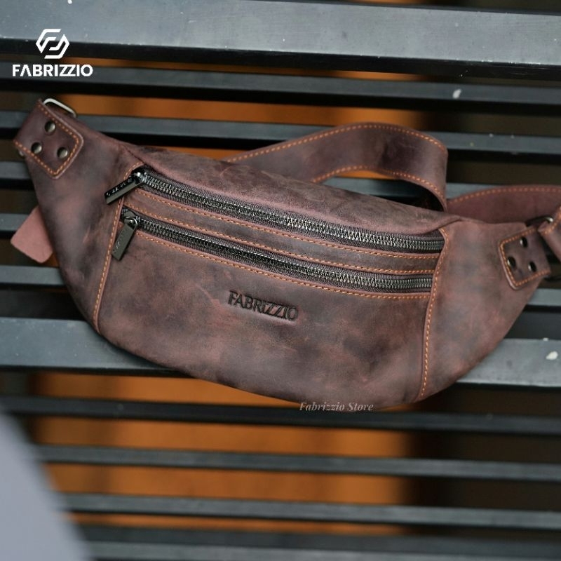 tas selempang dada dobel zipper kulit asli-CRUISER