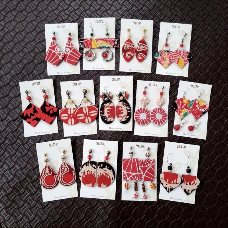 Anting Batik Cap mix batu alam merah