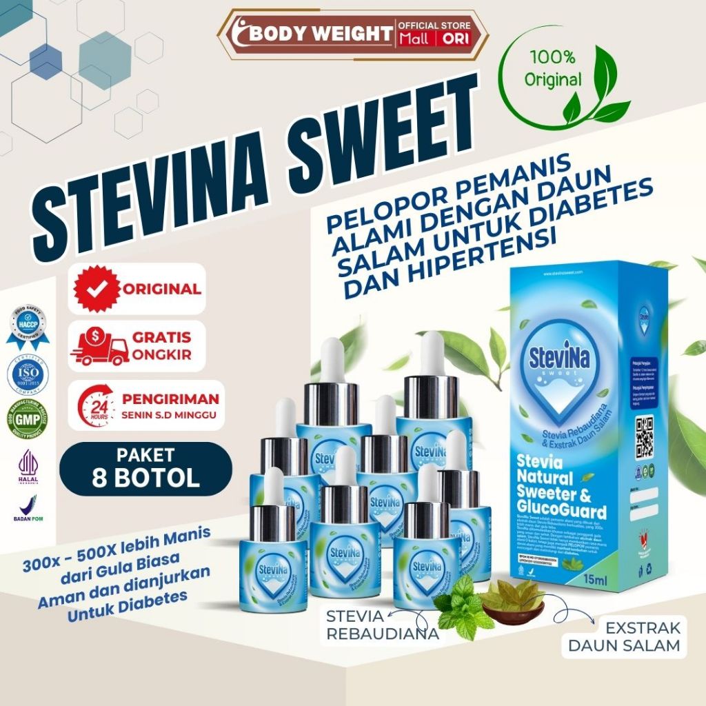 

Stevina Sweet Stevia Alami 0 Kalori Plus Herbal Daun Salam Untuk Mencegah Diabetes 8 Botol 15ml/BOTOL