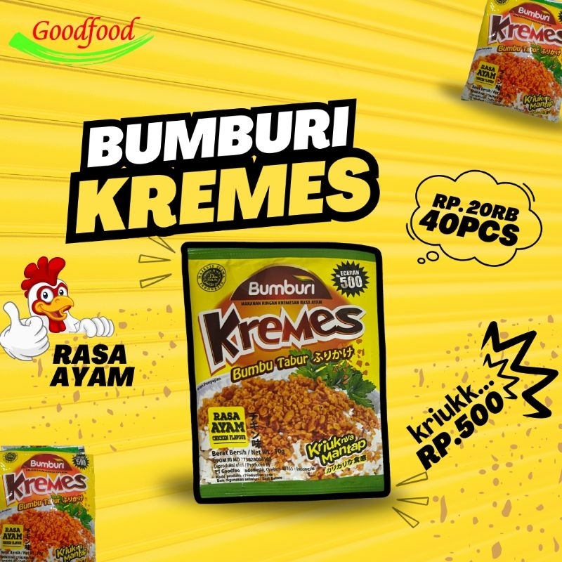 

Bumburi Kremes isi 40sachet dengan 4 Varian rasa : ayam, ayam pedas, sapi, dan pepperoni pizza